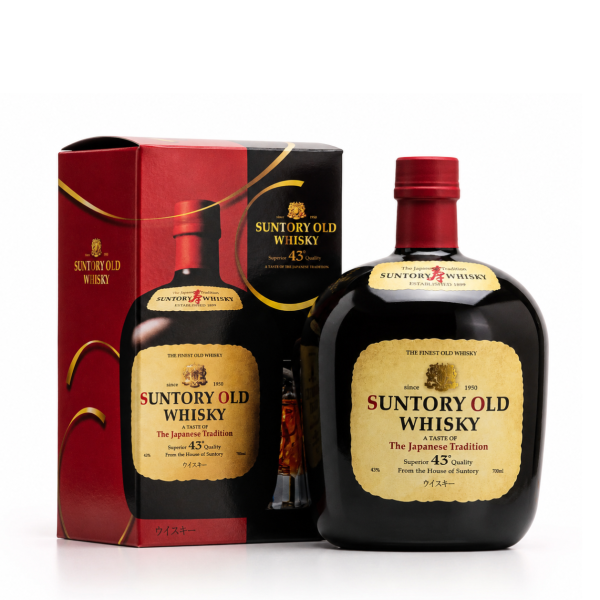 Suntory Old Whisky – blended Japanese whisky lâu đời của Suntory với chai đen tròn đặc trưng, phong cách mềm mại, cân bằng và dễ thưởng thức.