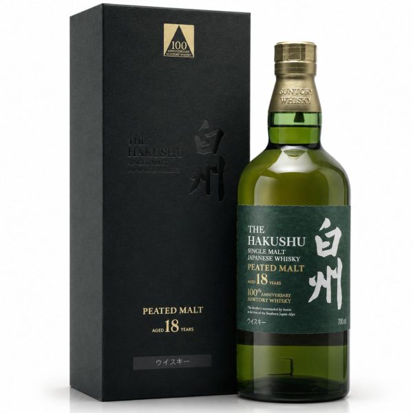 Hakushu 18 Peated Malt 100th Anniversary – Japanese single malt whisky 18 năm tuổi phiên bản kỷ niệm 100 năm Suntory, nổi bật với peat, thảo mộc và gỗ trưởng thành.