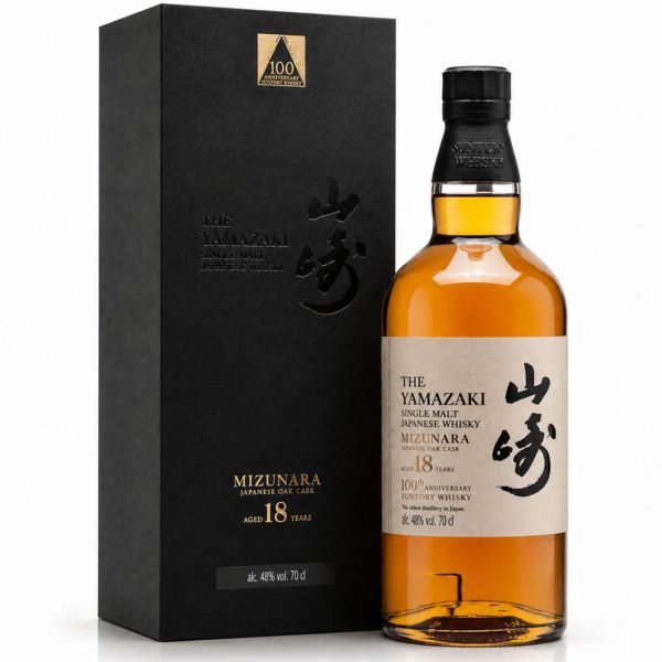 Yamazaki 18 Mizunara 100th Anniversary – Japanese single malt whisky 18 năm tuổi trưởng thành trong Mizunara Oak, phiên bản kỷ niệm 100 năm Suntory.