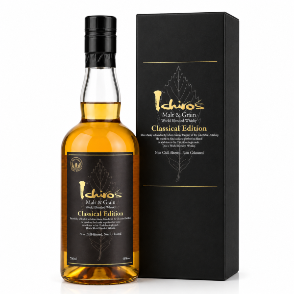Ichiro’s Malt & Grain Classical Edition – World Blended Whisky 48% ABV với tỷ lệ malt cao, phong cách giàu malt, trái cây, gỗ, gia vị và khói nhẹ.