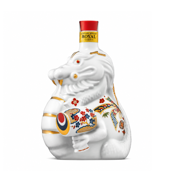Suntory Royal Whisky 2024 Dragon Edition – whisky Nhật Bản phiên bản năm Giáp Thìn với bình sứ hình rồng trắng cầm bảo vật, thiết kế giới hạn dành cho người sưu tầm.
