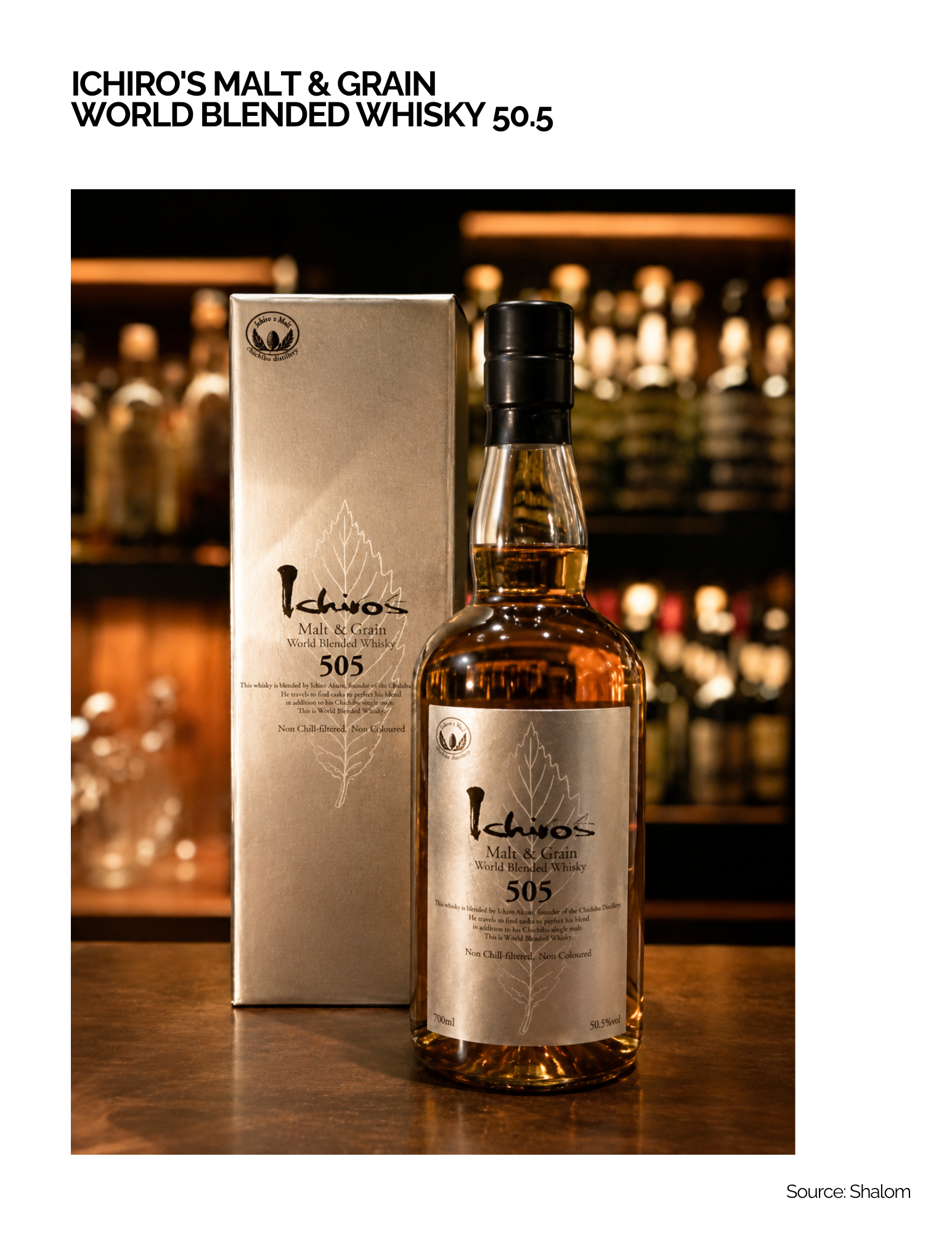 Ichiro’s Malt & Grain 505 – World Blended Whisky 50.5% ABV của Venture Whisky, nổi bật với tỷ lệ malt cao, hương trái cây, mật ong, gia vị và gỗ sồi.