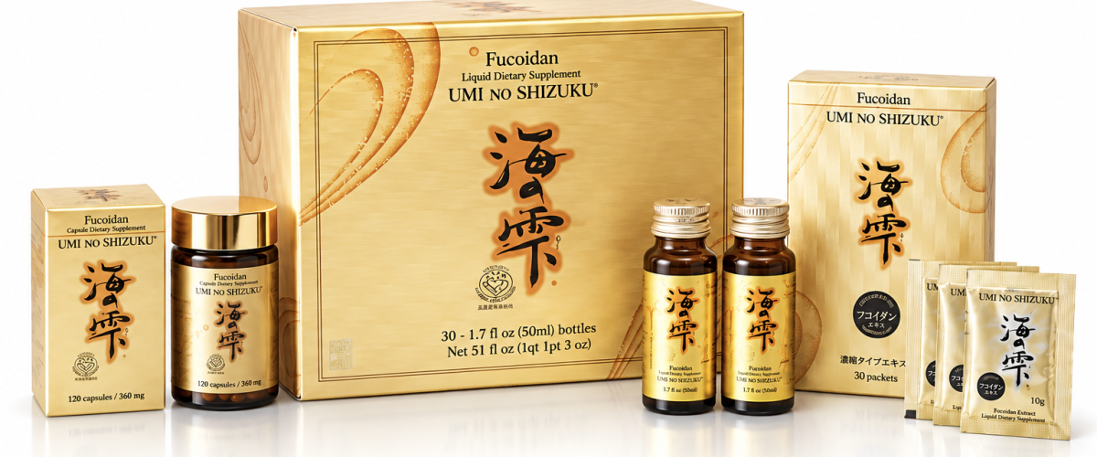 Hình ảnh hộp Fucoidan Umi No Shizuku 120 viên Nhật Bản với bao bì màu vàng và logo JHFA