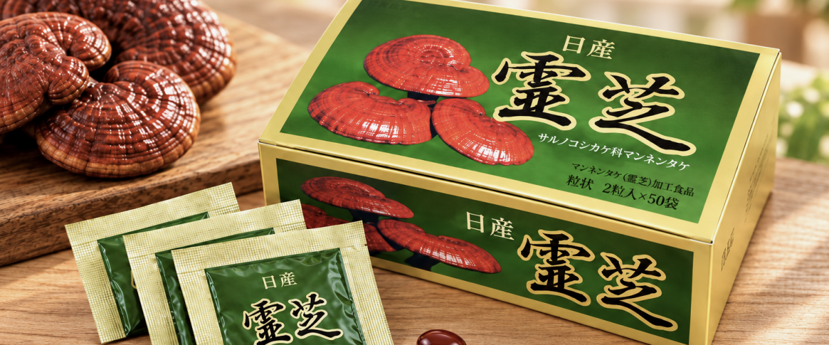 Viên uống nấm linh chi Nissan Reishi Nhật Bản và các gói nhỏ chứa 2 viên.